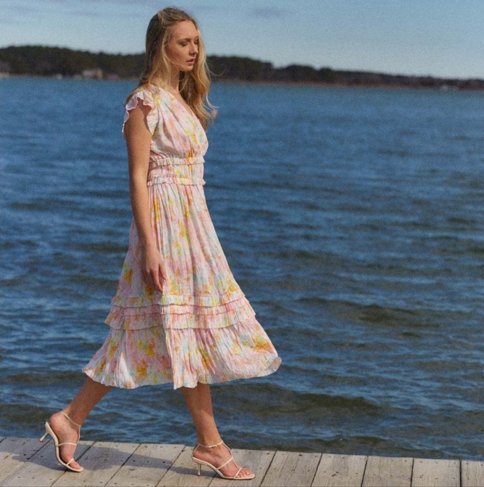 Current Air Womens Watercolor Floral Ruffle Pleated Mididress Coastal Chic Sz. L